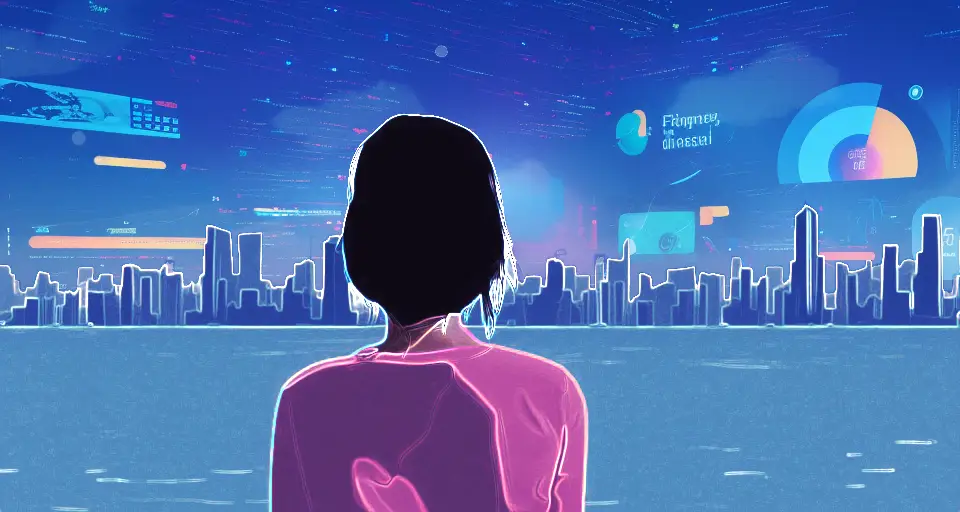 Ilustración mujer viendo la ciudad que crece a través de la innovación