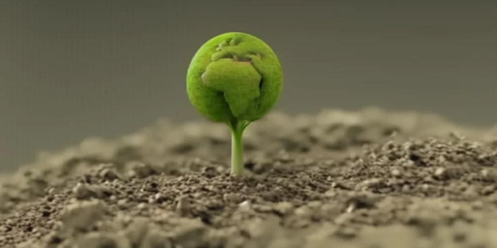 Planeta tierra creciendo como una planta en medio de una tierra árida